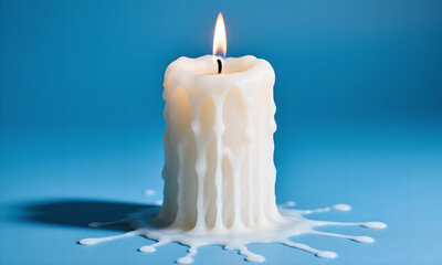 Burning white candle with dripping wax against a light blue background.