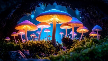 Fototapeta premium Glowing Mushrooms Illuminated in a Magical Forest Setting