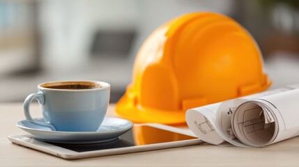 A coffee cup, construction helmet, and blueprints on a table, symbolizing collaboration in the construction industry.