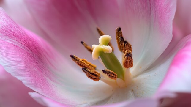 A close-up view of a vibrant pink tulip showcasing its delicate petals and intricate inner details.