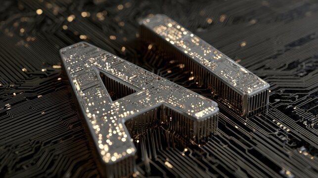 A close-up view of metallic letters 'AI' on a dark circuit board background, symbolizing advancements in artificial intelligence.