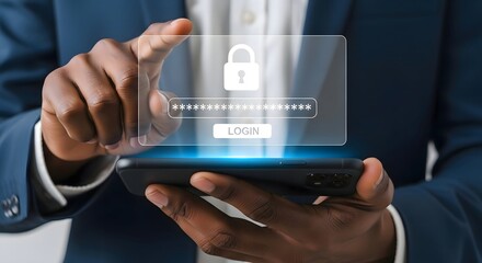 Person using a smartphone with a login screen displaying a padlock and password field overlayed on it
