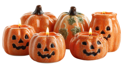 Group of 5 jack-o’-lanterns with candles inside, isolated on transparent background 