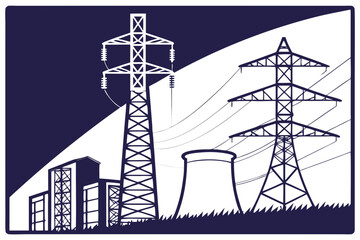 Illustration of power lines, a cooling tower, and buildings against a two tone background design art silhouette