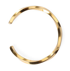 Stylish gold bracelet isolated on white, top view