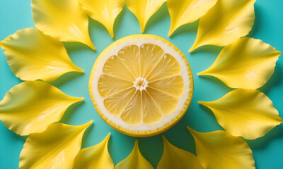 Bright Lemon Slice Surrounded by Yellow Petals on Turquoise Background