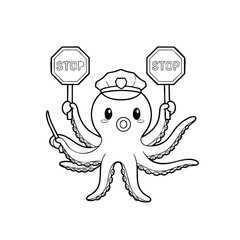Fototapeta premium A whimsical octopus character dressed as a police officer holding stop signs in each tentacle, promoting safety.