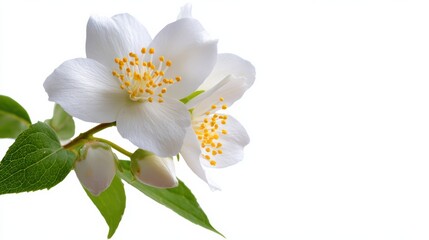 Fototapeta premium A delicate white flower with yellow stamens and green leaves, symbolizing purity and beauty in nature.