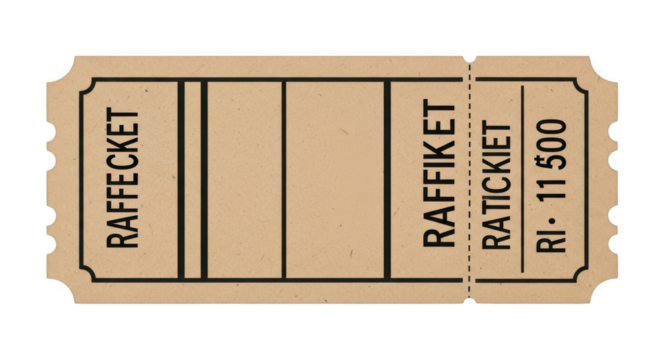 A vintage raffle ticket with text raffecket and raffiket printed on it, isolated on a transparent background