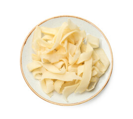 Dried shredded squid isolated on white, top view