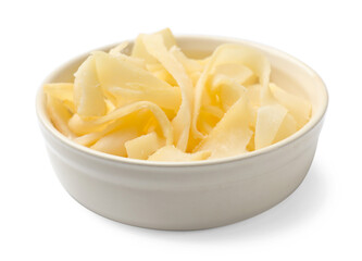 Dried shredded squid in bowl isolated on white