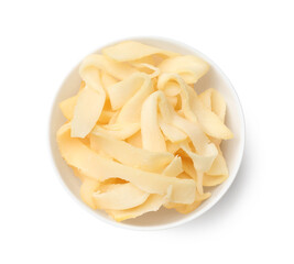 Dried shredded squid in bowl isolated on white, top view