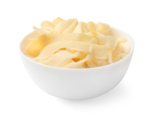 Dried shredded squid in bowl isolated on white