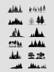 Obraz premium Various Silhouettes of Trees and Forests Displayed in Artistic Arrangements Showcasing Natures Beauty and Diversity