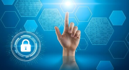 A digital security concept featuring a hand interacting with a padlock and binary code hexagons