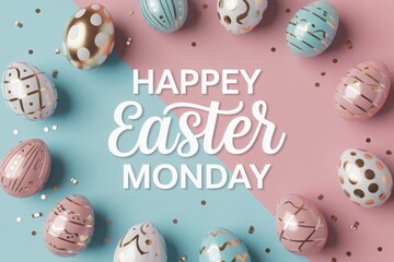 Happy easter monday greeting with beautifully decorated eggs arranged in a circle on a pink and blue background with confetti
