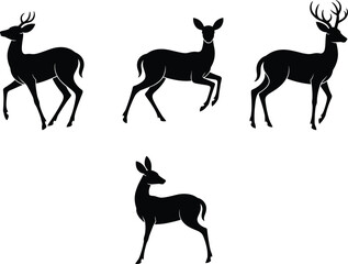 Silhouettes of deer family, male and female deer, wildlife vector art, forest animals, nature illustration, wildlife silhouette, animal family set.