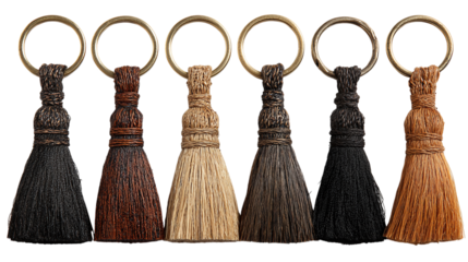 Group of 5 witch broom keychains, isolated on transparent background