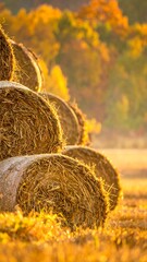 Golden hay bales in autumn