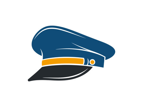 Vector illustration of blue conductor hat with orange band and black peak. Clipart image.