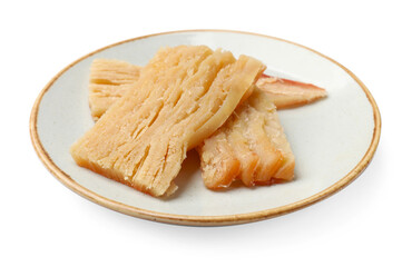 Pieces of tasty dried squid isolated on white