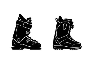 Black icons of ski boot and snowboard boot side by side on white background. Clipart image.