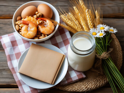 Fresh seafood and dairy products arranged beautifully on a rustic wooden table, showcasing a vibrant and healthy meal concept with copy space. Allergy and allergenic food ingredients