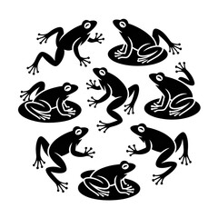 Playful frogs arranged in a circular pattern, perfect for fun designs and children's themes.