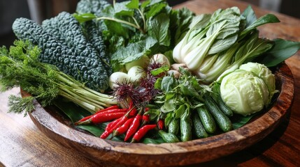 A vibrant assortment of fresh, organic vegetables artistically arranged in a rustic wooden bowl.