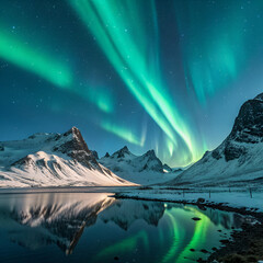 Magical Aurora Borealis stretches across dark sky, casting green reflections on calm icy water, surrounded by snowy mountains and pine forest.