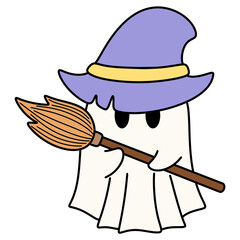 Halloween Ghost with Witch Hat and Broom isolated on transparent background