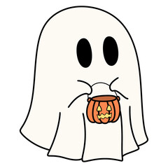 Halloween Ghost Holding Pumpkin Basket isolated on transparent background