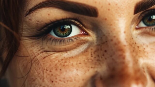 Captivating Gaze: A close-up shot reveals a pair of expressive eyes, their irises shimmering with unique hues, surrounded by delicate freckles, capturing the beauty of human features and expressions.