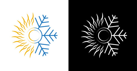 Abstract sun, snowflake icon, hot, cold weather sign vector illustration. Blue, yellow, white vector art icon design. Round hot weather, cold weather symbol illustration.