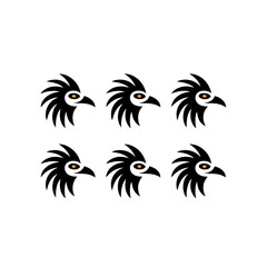 Six identical stylized eagle heads with sharp beaks and golden eyes create a striking emblem
