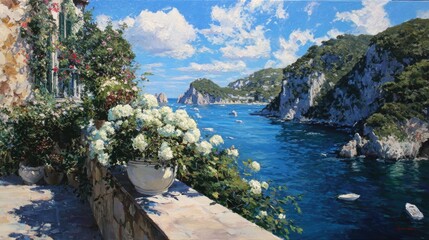 Coastal view with white flowers