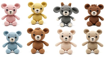 Fototapeta premium Eight crochet stuffed animals in different colors and designs on a white background