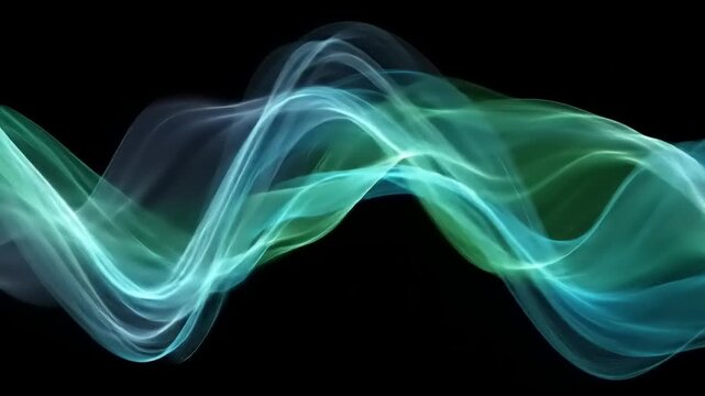Vibrant turquoise and emerald green abstract waves create a dynamic visual design on a dark background.