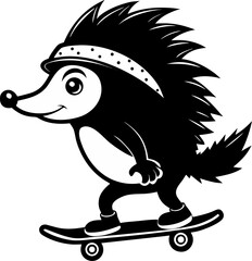 Hedgehog riding skateboard with helmet silhouette  vector black , white background