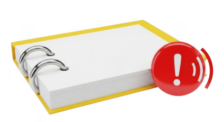 A yellowbound notepad with blank white pages and a red exclamation mark alert icon isolated on transparent background