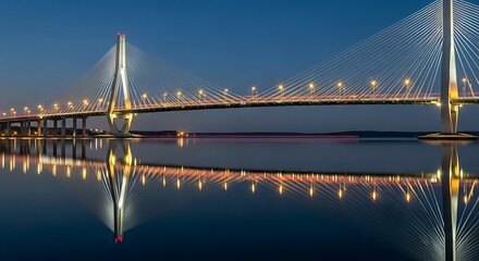 Obraz premium Illuminated Cable-Stayed Bridge Reflecting on Water at Dusk