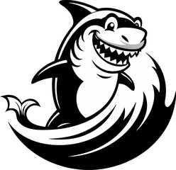 Shark surfing big waves with smile silhouette  vector black , white background 