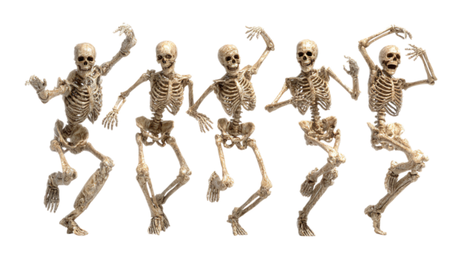 HD realistic clipart set of skeleton figures in dancing poses isolated on transparent background 