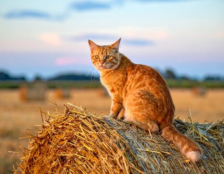 Ginger cat on hay bale at sunset - Powered by Adobe