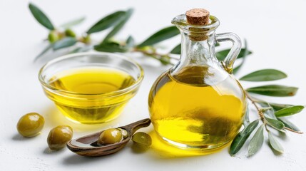 Delicious olive oil in a bottle with olives and leaves, perfect for cooking and healthy diets.