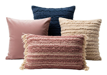 Stylish decorative pillows in soft textured fabrics with pink and navy accents, perfect for modern interiors, cozy home decor, lifestyle photography, mockups, and creative design staging.