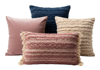 Stylish decorative pillows in soft textured fabrics with pink and navy accents, perfect for modern interiors, cozy home decor, lifestyle photography, mockups, and creative design staging.