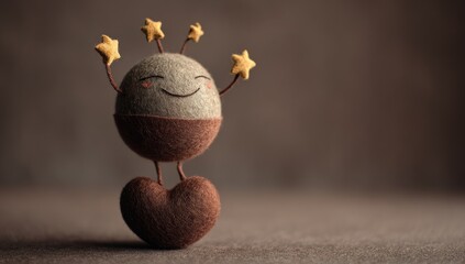 A cheerful, whimsical creature, crafted from wool, stands on a heart-shaped base, with arms raised high, holding stars.