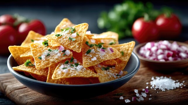 Golden Nachos in Dark Gray Bowl Topped with Herbs and Red Onions on Wooden Board, Tomatoes and Parsley in Background
