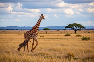 Obraz premium A giraffe mother and her young calf gracefully traverse the golden savanna, acacia trees dotting the horizon, giraffe, majestic, wildlife